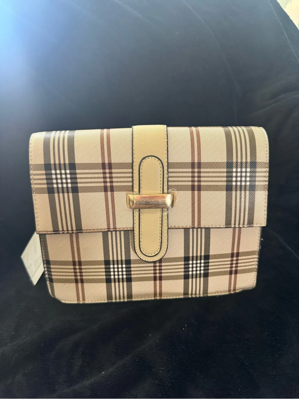 Plaid Crossbody Bag in Beige with Gold Hardware vegan leather